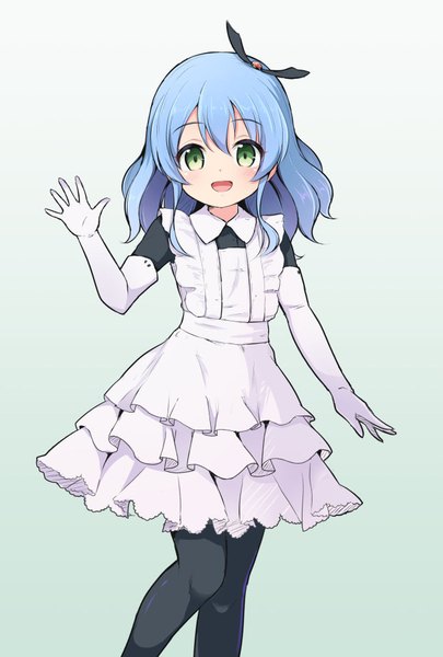 Anime picture 681x1010 with pokemon pokemon xy nintendo blanche (pokemon anime) nekono rin single long hair tall image looking at viewer blush fringe open mouth simple background hair between eyes white background green eyes blue hair :d gradient background waving