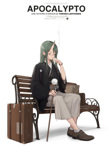 Anime picture 3704x5198 with arknights hoshiguma (arknights) cjmy single long hair tall image fringe highres simple background white background sitting holding payot absurdres full body eyes closed traditional clothes japanese clothes horn (horns) green hair