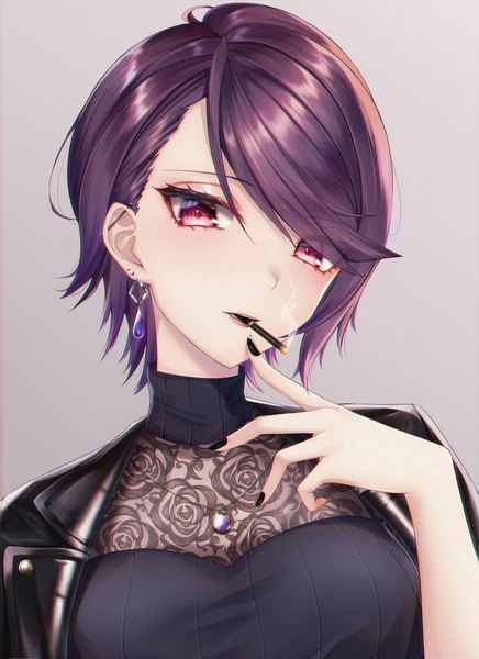 Anime picture 2894x3981 with virtual youtuber nijisanji gundou mirei rai (newtype xm-x1) single tall image looking at viewer fringe highres short hair simple background red eyes holding purple hair upper body nail polish head tilt arm up fingernails grey background