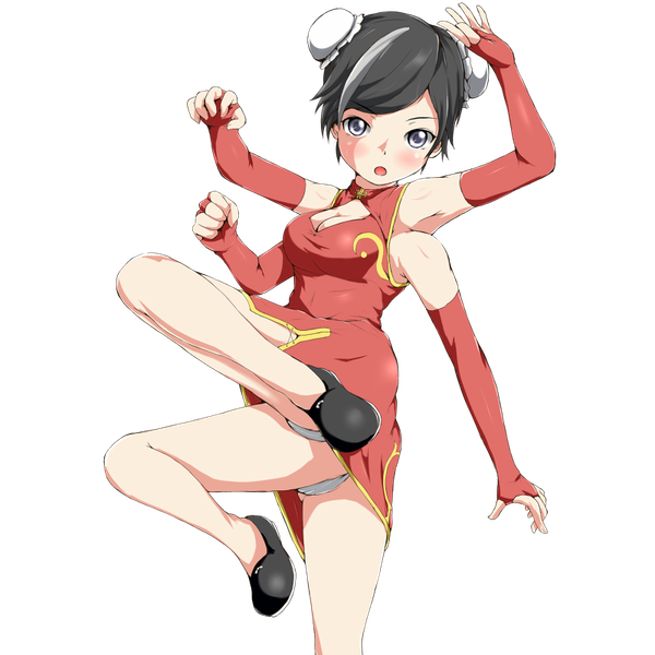 Anime picture 800x800 with original ftt single looking at viewer blush fringe short hair open mouth light erotic black hair standing traditional clothes :o grey eyes hair bun (hair buns) pantyshot standing on one leg chinese clothes transparent background cleavage cutout