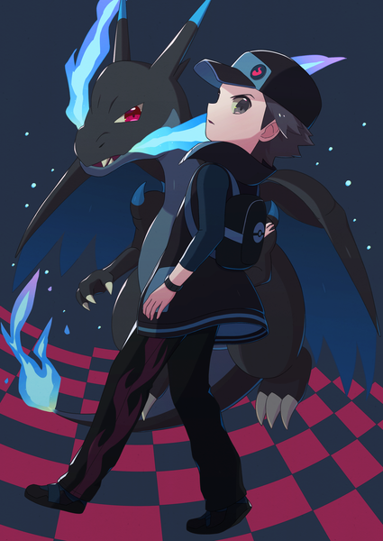 Anime picture 2625x3705 with pokemon nintendo red (pokemon) charizard mega charizard x serihara single tall image looking at viewer highres short hair black hair simple background standing full body parted lips profile black eyes open jacket dark background