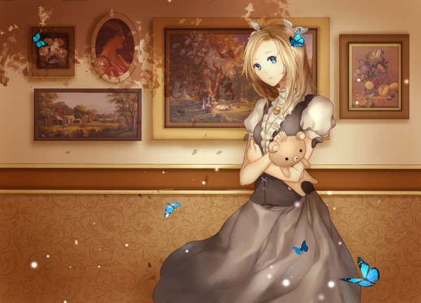 Anime picture 3018x2177 with original escente (artist) single long hair looking at viewer highres blue eyes blonde hair absurdres puffy sleeves crossed arms girl insect butterfly toy stuffed animal brooch picture