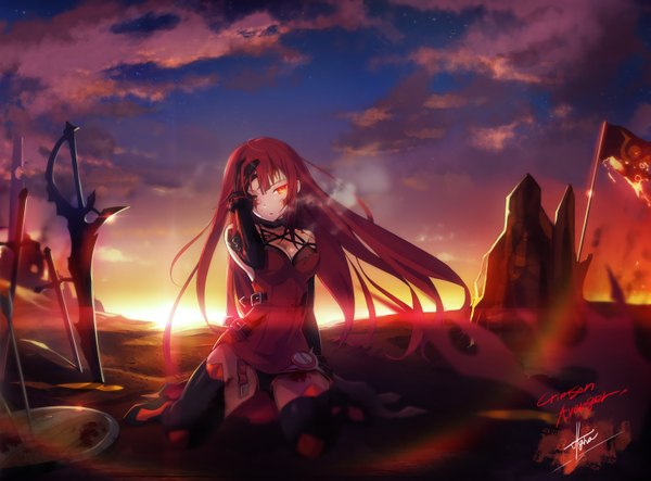 Anime picture 1500x1109 with elsword elesis (elsword) crimson avenger (elsword) ha-gha single long hair looking at viewer fringe breasts light erotic sitting signed looking away sky cleavage red hair wind orange eyes glowing wariza