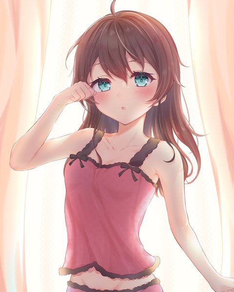 Anime picture 2800x3500 with virtual youtuber hololive natsuiro matsuri zky9n single long hair tall image looking at viewer blush fringe highres open mouth light erotic hair between eyes brown hair standing bare shoulders payot upper body ahoge