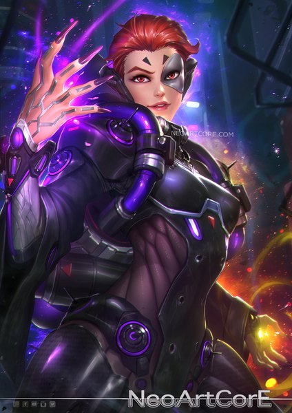 Anime picture 800x1132 with overwatch blizzard entertainment moira (overwatch) nudtawut thongmai single tall image looking at viewer short hair red eyes signed red hair nail polish parted lips fingernails realistic inscription long fingernails eyeshadow purple nail polish girl