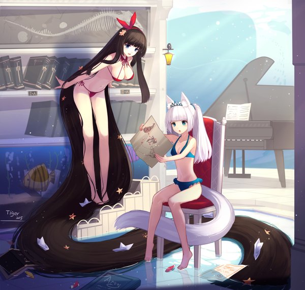 Anime picture 1664x1586 with original cubies (tiger 205) long hair breasts open mouth blue eyes light erotic black hair multiple girls animal ears white hair tail very long hair animal tail girl 2 girls swimsuit bikini water book (books)