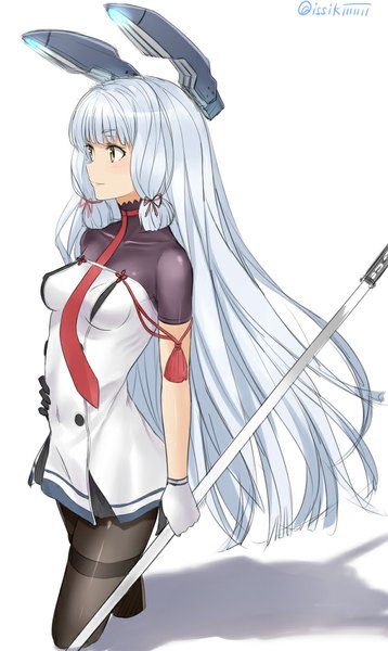 Anime picture 600x1004 with kantai collection murakumo destroyer isshiki (ffmania7) single long hair tall image blush simple background white background holding brown eyes signed looking away silver hair tress ribbon girl dress ribbon (ribbons) weapon hair ribbon