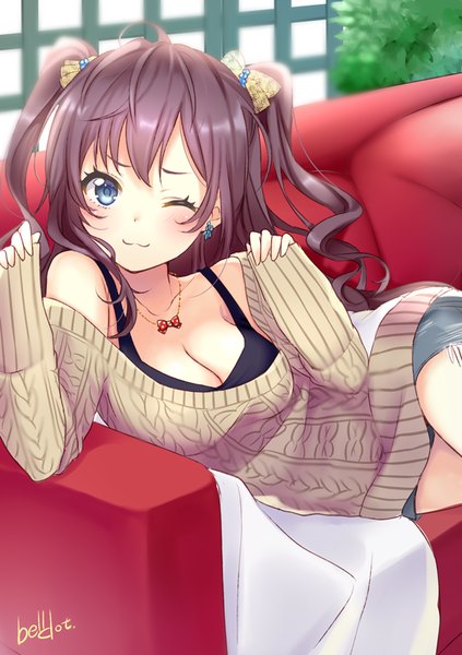 Anime picture 578x818 with idolmaster idolmaster cinderella girls ichinose shiki belldot single long hair tall image looking at viewer blush fringe blue eyes light erotic brown hair signed cleavage lying long sleeves one eye closed wink two side up