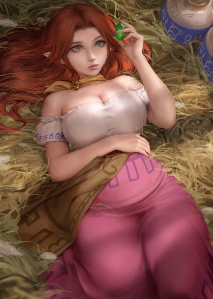 Anime picture 3593x5054 with the legend of zelda nintendo malon daria leonova single long hair tall image fringe highres breasts light erotic brown hair large breasts holding signed looking away absurdres lying arm up from above