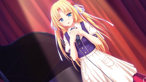 Anime picture 1920x1080 with ryuuyoku no melodia carlyle mel tenmaso long hair highres blue eyes blonde hair wide image game cg girl dress ribbon (ribbons) hair ribbon microphone