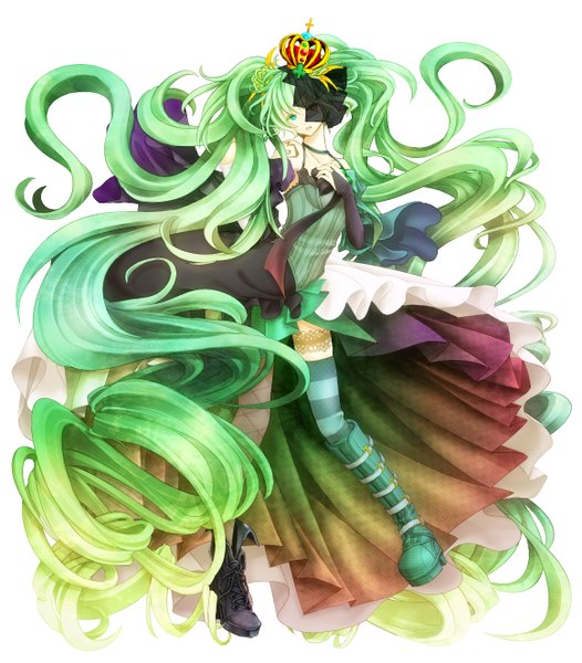 Anime picture 1162x1326 with alice in wonderland vocaloid hatsune miku kiyuu-kuroneko (artist) single long hair tall image looking at viewer simple background white background green eyes very long hair hair flower aqua eyes green hair aqua hair girl thighhighs dress hair ornament