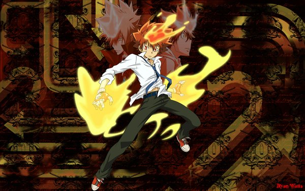 Anime picture 1920x1200 with katekyou hitman reborn sawada tsunayoshi vongola primo giotto highres wide image brown eyes orange eyes boy gloves necktie fire