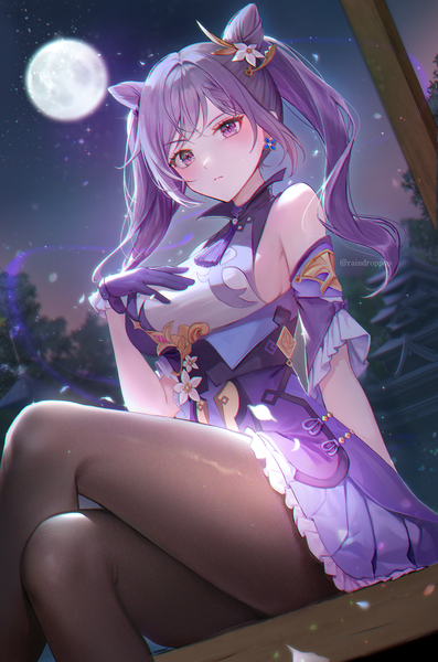 Anime picture 900x1361 with genshin impact keqing (genshin impact) 723/nanahumi single long hair tall image looking at viewer blush fringe breasts light erotic sitting purple eyes twintails signed payot purple hair outdoors night arm support