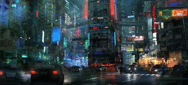 Anime picture 4000x1810 with original haru akira highres wide image night city cityscape scenic city lights street crosswalk building (buildings) ground vehicle car power lines road people traffic sign traffic lights