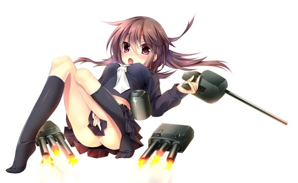 Anime picture 2938x1803 with kantai collection fumizuki destroyer usagi ink single long hair blush highres open mouth light erotic simple background red eyes brown hair wide image white background full body girl skirt weapon socks black socks