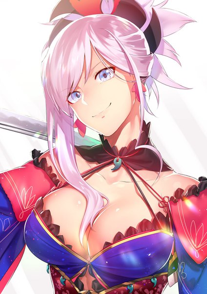 Anime picture 1059x1500 with fate (series) fate/grand order miyamoto musashi (fate) ryokucha (i cobalt) single long hair tall image breasts blue eyes light erotic smile large breasts pink hair cleavage upper body ponytail girl detached sleeves earrings magatama