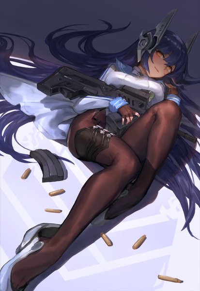 Anime picture 826x1200 with girls frontline tar-21 (girls' frontline) ecien single tall image looking at viewer blush fringe breasts open mouth light erotic simple background hair between eyes holding yellow eyes blue hair bent knee (knees) lying very long hair from above