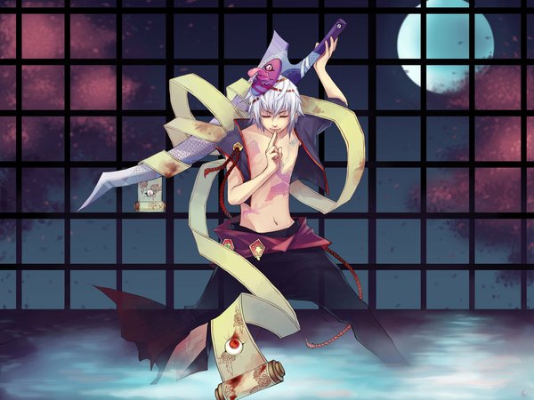 Anime picture 1024x768 with unodu single short hair silver hair white hair eyes closed grey hair night open clothes open shirt night sky cherry blossoms finger to mouth mask on head fog eyes boy plant (plants) petals sword