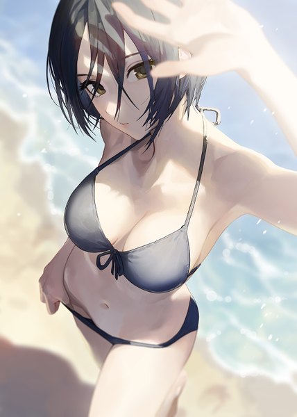Anime picture 1000x1403 with idolmaster idolmaster cinderella girls hayami kanade modare single tall image looking at viewer fringe short hair breasts light erotic hair between eyes large breasts standing bare shoulders yellow eyes blue hair cleavage outdoors arm up