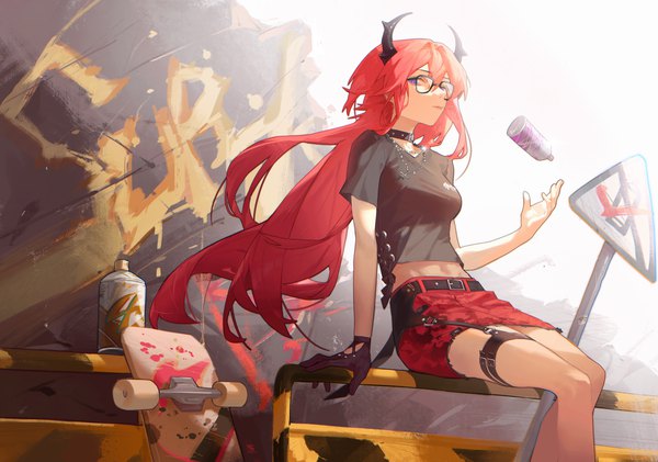 Anime picture 4635x3250 with arknights surtr (arknights) surtr (liberte echec) (arknights) wushier single long hair looking at viewer fringe highres breasts hair between eyes sitting purple eyes holding absurdres bent knee (knees) red hair horn (horns) wind arm support
