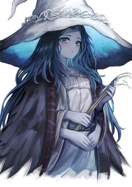 Anime picture 2150x3035 with elden ring ranni the witch eric (tianqijiang) single long hair tall image highres blue eyes simple background white background holding blue hair extra arms girl hat witch hat