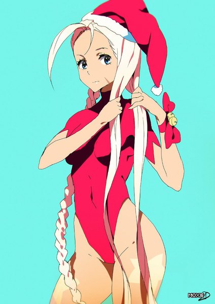 Anime picture 800x1131 with street fighter capcom cammy white tom skender single tall image blue eyes light erotic simple background blonde hair looking away braid (braids) very long hair adjusting hair aqua background hairdressing braiding hair girl hat star (symbol)