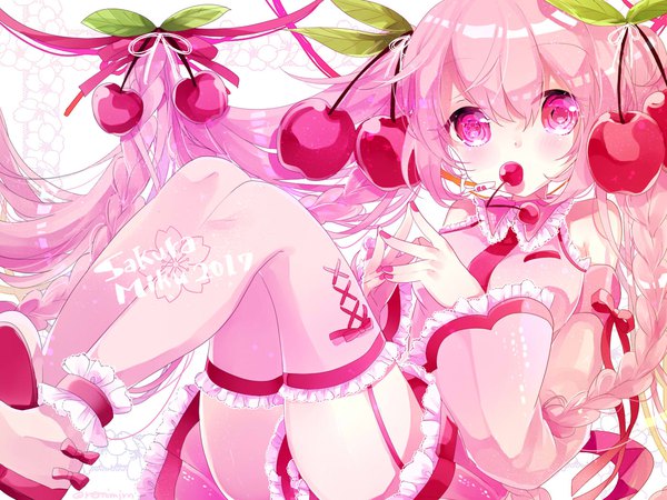 Anime picture 1400x1050 with vocaloid hatsune miku sakura miku remimim single looking at viewer fringe hair between eyes twintails holding pink hair very long hair nail polish pink eyes character names mouth hold symbol-shaped pupils pink nail polish fingers together 2017