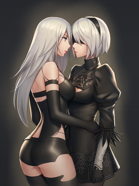 Anime picture 1518x2034 with nier nier:automata yorha no. 2 type b yorha type a no. 2 mylovelydevil long hair tall image short hair blue eyes light erotic simple background standing multiple girls silver hair ass profile from behind mole puffy sleeves hug