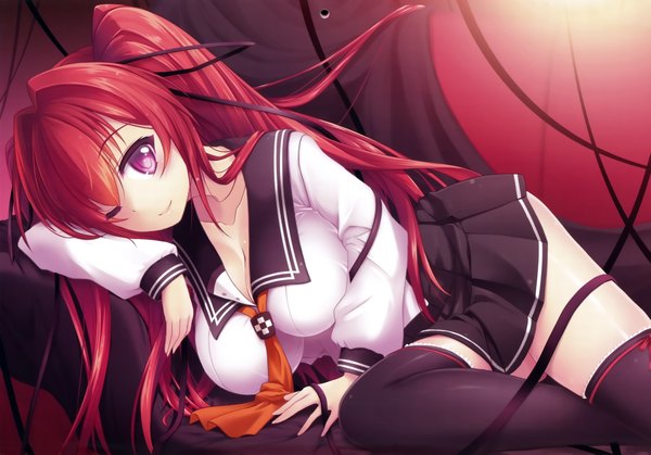 Anime picture 8166x5706 with shinmai maou no testament production ims naruse mio single long hair looking at viewer highres light erotic purple eyes absurdres red hair one eye closed wink scan official art girl thighhighs skirt uniform ribbon (ribbons)