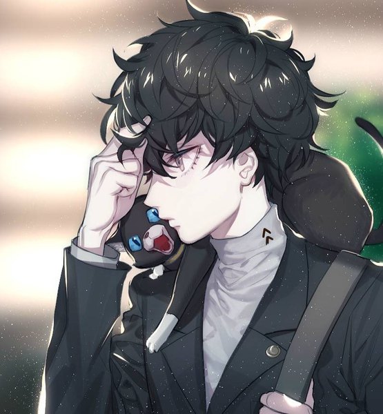 Anime picture 797x862 with persona 5 persona amamiya ren morgana (persona 5) zuizi single tall image fringe short hair black hair hair between eyes looking away upper body profile grey eyes adjusting hair pale skin animal on shoulder boy animal