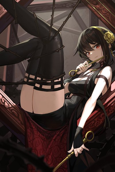 Anime picture 1167x1750 with spy x family yor briar goomrrat single long hair tall image looking at viewer fringe breasts light erotic black hair hair between eyes red eyes bare shoulders holding bent knee (knees) hair flower dual wielding legs up empty picture frame