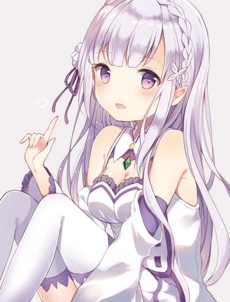 Anime picture 1063x1398 with re:zero kara hajimeru isekai seikatsu white fox emilia (re:zero) shiino sera (gelatin) single long hair tall image looking at viewer blush fringe short hair breasts simple background smile sitting purple eyes bare shoulders cleavage silver hair bent knee (knees)