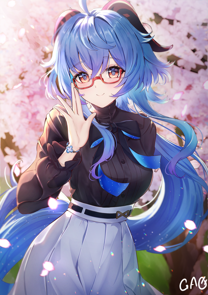 Anime picture 1240x1754 with genshin impact ganyu (genshin impact) ganyu (china merchants bank) (genshin impact) gao kawa single tall image fringe smile hair between eyes red eyes signed blue hair ahoge very long hair horn (horns) cherry blossoms official alternate costume adjusting glasses spring girl