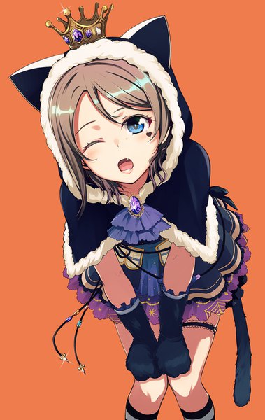 Anime picture 949x1500 with love live! sunshine!! sunrise (studio) love live! watanabe you nanotsuki single tall image looking at viewer blush fringe open mouth blue eyes simple background brown hair standing animal ears bent knee (knees) tail animal tail one eye closed