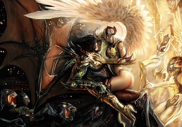 Anime picture 1600x1112 with witchblade nebezial black hair white hair couple angel demon wings monster jackie estacado the angelus