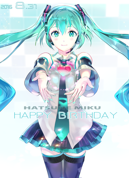 イラスト 723x1000 と ボーカロイド 初音ミク 119 ソロ 長髪 長身像 カメラ目線 赤面 前髪 hair between eyes aqua eyes light smile aqua hair 絶対領域 character names outstretched arm dated happy birthday 女の子 袖だけ