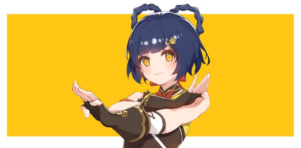 Anime picture 2338x1152 with genshin impact xiangling (genshin impact) tenkiraku single looking at viewer highres short hair simple background wide image yellow eyes blue hair upper body border outside border yellow background :3 hair rings girl
