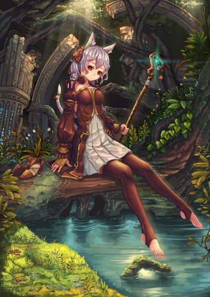 Anime-Bild 2000x2828 mit original fangxiang cuoluan single tall image highres short hair red eyes sitting animal ears silver hair tail animal tail cat ears cat girl cat tail river girl thighhighs dress flower (flowers)