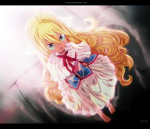Anime picture 1600x1379 with fairy tail mavis vermillion i-azu single blonde hair smile green eyes ahoge very long hair barefoot from above sunlight loli coloring letterboxed girl dress white dress