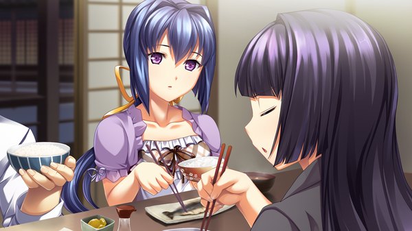 Anime picture 1280x720 with izuna zanshinken (game) long hair wide image purple eyes multiple girls blue hair game cg purple hair girl 2 girls food