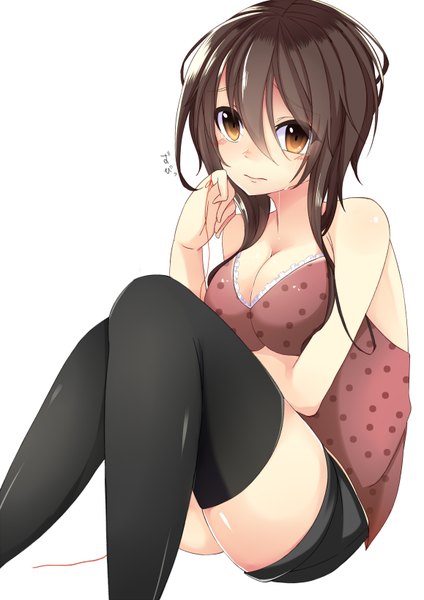 Anime picture 1157x1636 with original bloodcatblack (tsukiko) single long hair tall image blush fringe breasts light erotic simple background brown hair large breasts white background sitting bare shoulders brown eyes bent knee (knees) tears girl thighhighs
