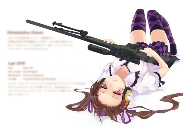 Anime picture 1000x719 with touhou himekaidou hatate nanahara fuyuki single long hair looking at viewer blush simple background red eyes brown hair white background twintails lying checkered skirt girl thighhighs skirt headphones gun l96
