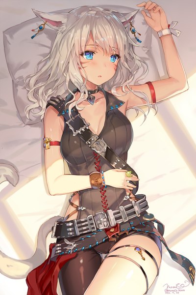 Anime picture 940x1410 with final fantasy final fantasy xiv square enix miqo'te momoko (momopoco) single long hair tall image blush fringe breasts blue eyes hair between eyes large breasts signed animal ears looking away cleavage silver hair white hair