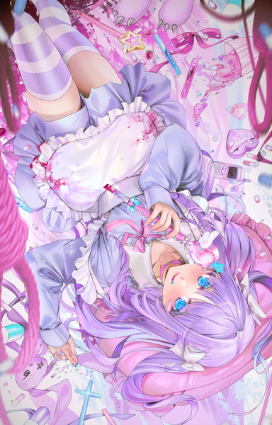 Anime picture 3197x5000 with original luna (unxi) unxi single long hair tall image looking at viewer blush fringe highres blue eyes smile holding payot absurdres purple hair lying blunt bangs long sleeves nail polish