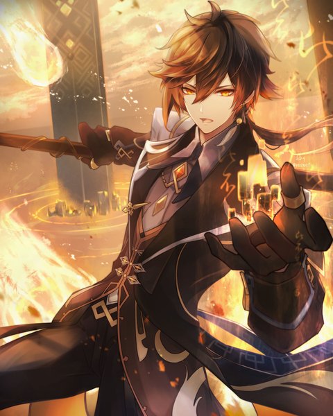 Anime picture 1600x2000 with genshin impact zhongli (genshin impact) yuzurb single long hair tall image looking at viewer open mouth brown hair yellow eyes magic low ponytail boy gloves black gloves single earring