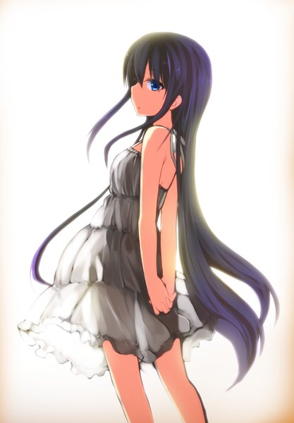 Anime picture 758x1089 with original kamiyoshi rika single long hair tall image looking at viewer blue eyes black hair white background profile see-through silhouette girl dress sundress