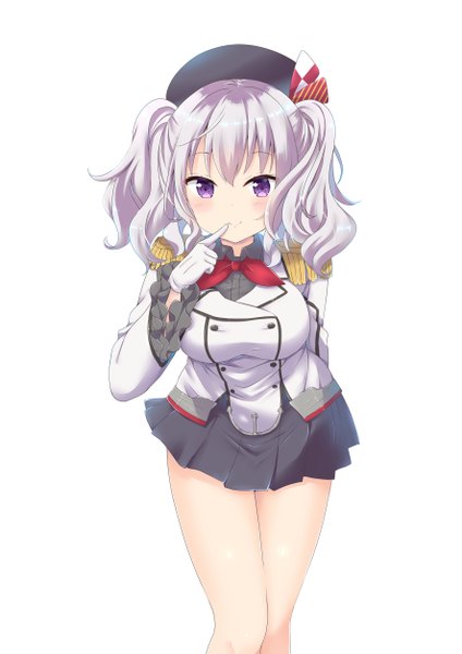 Anime picture 1771x2508 with kantai collection kashima training cruiser yoshikita popuri single long hair tall image looking at viewer blush fringe highres breasts simple background smile hair between eyes large breasts white background purple eyes twintails silver hair long sleeves