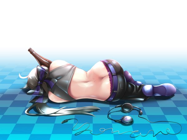 Anime picture 1600x1200 with vocaloid yowane haku caffein single long hair light erotic ass ponytail lying grey hair back checkered floor girl bow hair bow headphones wire (wires)