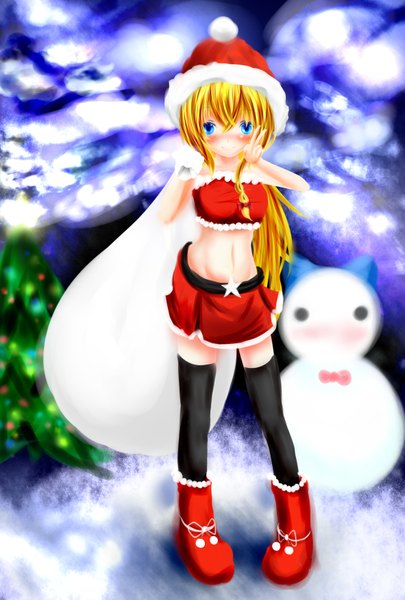 Anime picture 1181x1748 with kitamuraeri (artist) single long hair tall image blush blue eyes blonde hair full body midriff fur trim victory christmas girl thighhighs skirt navel black thighhighs miniskirt fur santa claus hat