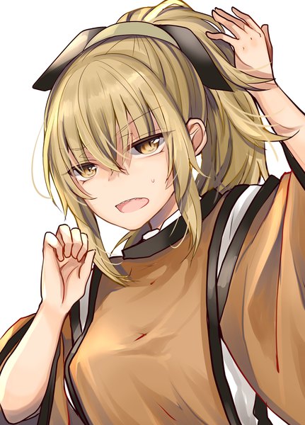 Anime picture 2940x4096 with touhou matara okina mimoto (aszxdfcv) single long hair tall image looking at viewer fringe highres open mouth simple background blonde hair hair between eyes white background yellow eyes upper body ponytail traditional clothes japanese clothes arm up